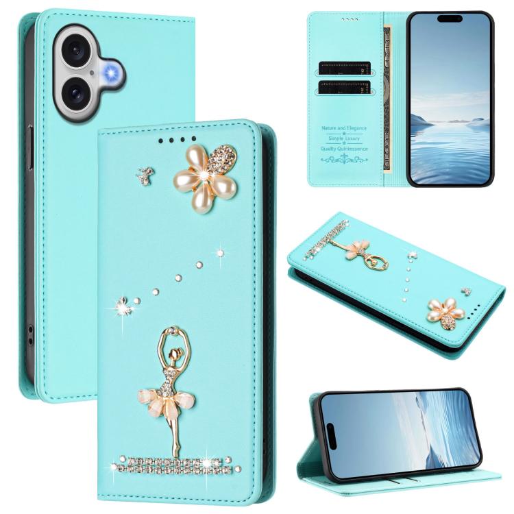 Ballet Girl Diamond Studded RFID Vegan Leather Phone Case, For iPhone 17e / 16e, For iPhone 17 Pro Max, For iPhone 17 Pro, For iPhone 17, For iPhone Air, For iPhone 16 Pro Max