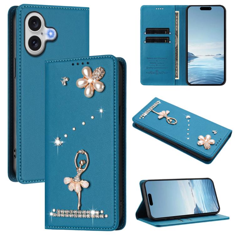 Ballet Girl Diamond Studded RFID Vegan Leather Phone Case, For iPhone 17e / 16e, For iPhone 17 Pro Max, For iPhone 17 Pro, For iPhone 17, For iPhone Air, For iPhone 16 Pro Max