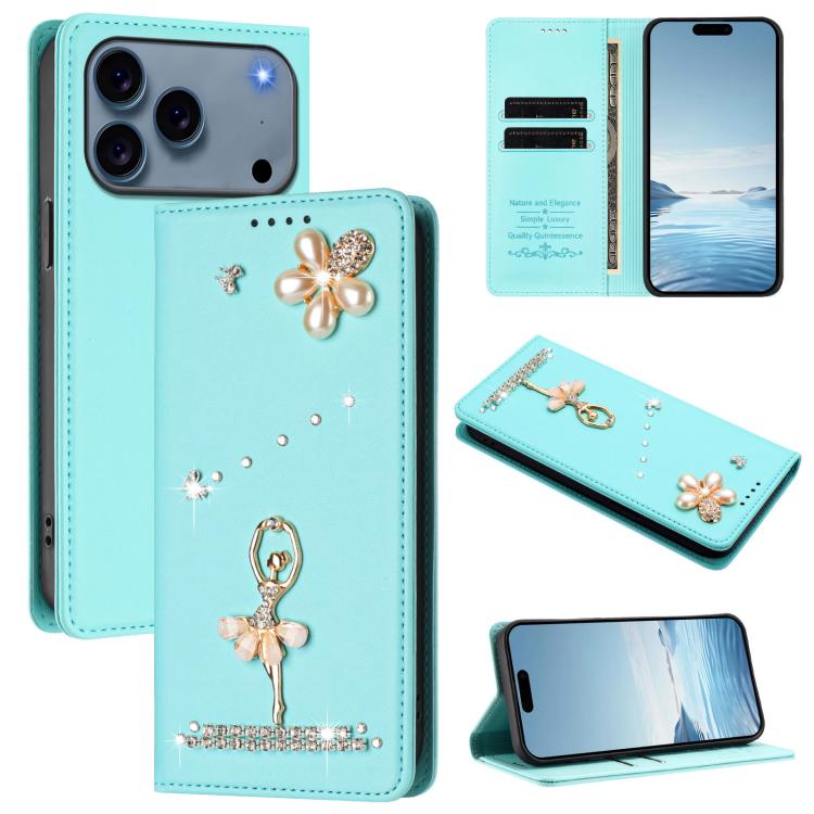 Ballet Girl Diamond Studded RFID Vegan Leather Phone Case, For iPhone 18 Pro / 17 Pro, For iPhone 18 Pro Max / 17 Pro Max, For iPhone 17e / 16e, For iPhone 17, For iPhone Air, For iPhone 16 Pro Max