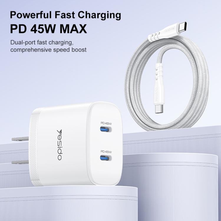 Yesido PD45W Dual Type-C Fast Charger Kit with Type-C to Type-C Cable, US Plug, EU Plug, UK Plug