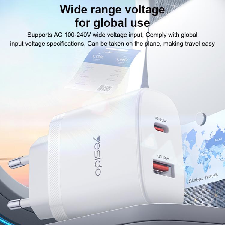 Yesido YC106 PD20W USB-C / Type-C and QC18W USB-A Dual Ports Charger Set with Type-C to Type-C Cable, YC106