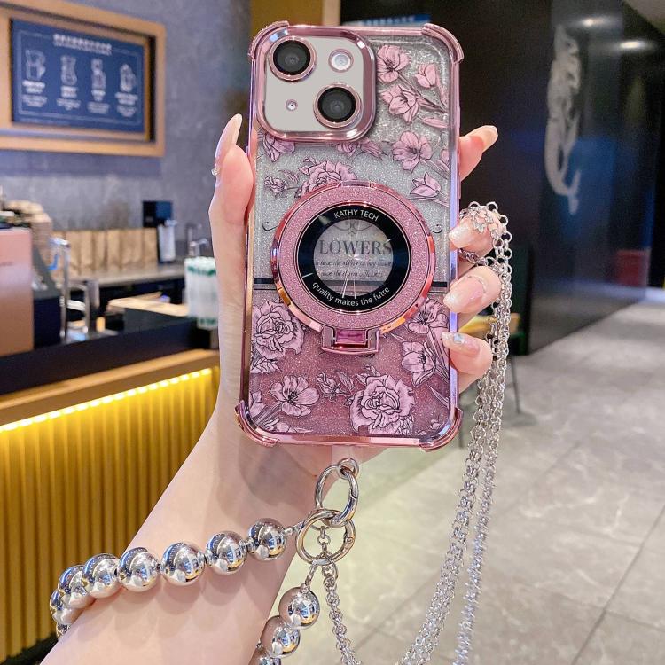 Gradient Glitter Flowers Electroplated Phone Case with Beaded Strap and Long Chain, For iPhone 14 Plus, For iPhone 14, For iPhone 14 Pro, For iPhone 14 Pro Max, For iPhone 13 Pro Max, For iPhone 13 Pro, For iPhone 13, For iPhone 12, For iPhone 12 Pro M...