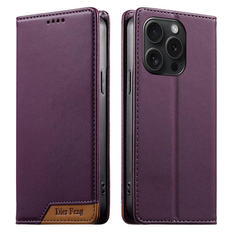 Dierfeng Splicing Strong Magnetic RFID Vegan Leather Phone Case, For iPhone 16, For iPhone 15 Pro Max, For iPhone 15 Pro, For iPhone 15 Plus, For iPhone 15, For iPhone 14 Plus, For iPhone 14 / 13, For iPhone 14 Pro