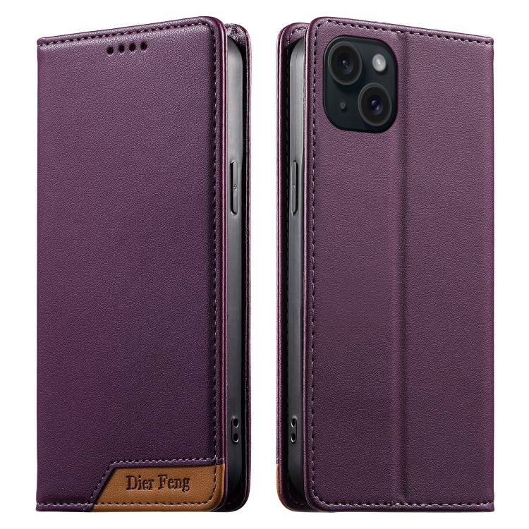 Dierfeng Splicing Strong Magnetic RFID Vegan Leather Phone Case, For iPhone 16, For iPhone 15 Pro Max, For iPhone 15 Pro, For iPhone 15 Plus, For iPhone 15, For iPhone 14 Plus, For iPhone 14 / 13, For iPhone 14 Pro