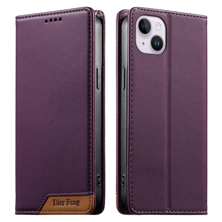 Dierfeng Splicing Strong Magnetic RFID Vegan Leather Phone Case, For iPhone 16, For iPhone 15 Pro Max, For iPhone 15 Pro, For iPhone 15 Plus, For iPhone 15, For iPhone 14 Plus, For iPhone 14 / 13, For iPhone 14 Pro