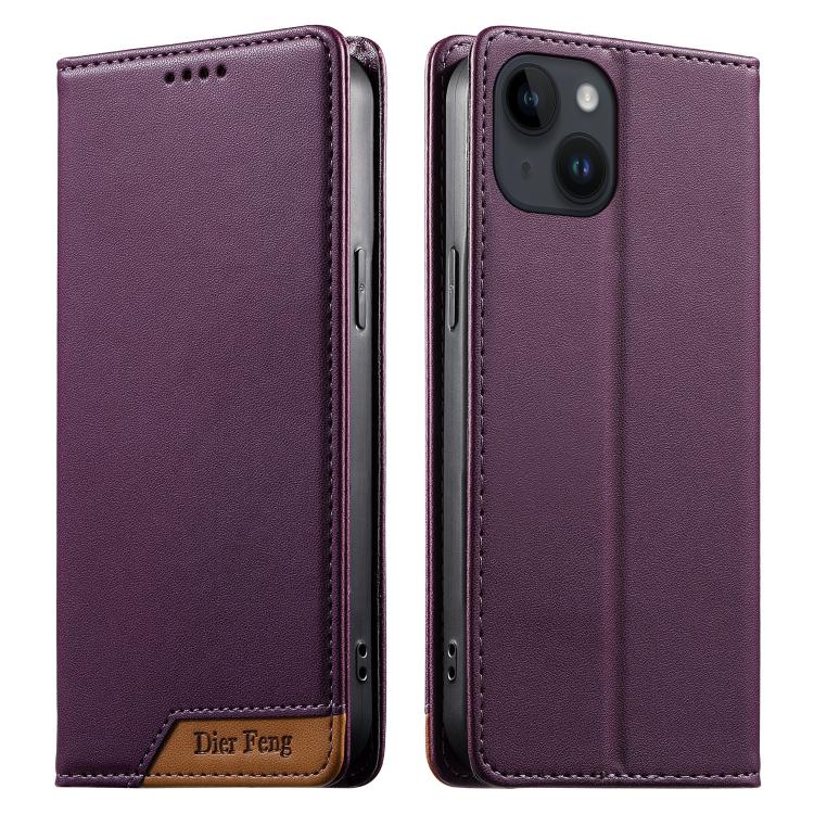 Dierfeng Splicing Strong Magnetic RFID Vegan Leather Phone Case, For iPhone 16, For iPhone 15 Pro Max, For iPhone 15 Pro, For iPhone 15 Plus, For iPhone 15, For iPhone 14 Plus, For iPhone 14 / 13, For iPhone 14 Pro