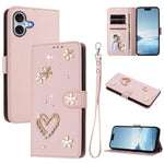 ZS01 Double-Layer Heart Floral Vegan Leather Phone Case with Wrist Strap, For iPhone 16 Pro, For iPhone 16 Plus, For iPhone 16, For iPhone 15 Pro Max, For iPhone 15 Pro, For iPhone 15 Plus