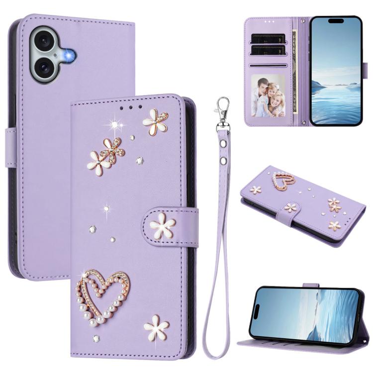 ZS01 Double-Layer Heart Floral Vegan Leather Phone Case with Wrist Strap, For iPhone 16 Pro, For iPhone 16 Plus, For iPhone 16, For iPhone 15 Pro Max, For iPhone 15 Pro, For iPhone 15 Plus
