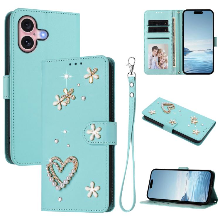 ZS01 Double-Layer Heart Floral Vegan Leather Phone Case with Wrist Strap, For iPhone 16 Pro, For iPhone 16 Plus, For iPhone 16, For iPhone 15 Pro Max, For iPhone 15 Pro, For iPhone 15 Plus