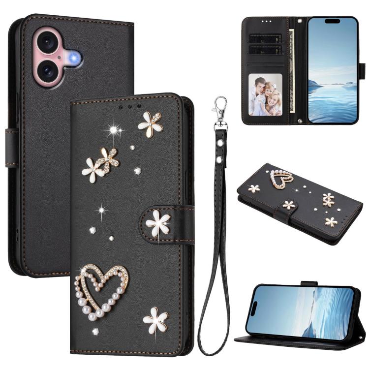 ZS01 Double-Layer Heart Floral Vegan Leather Phone Case with Wrist Strap, For iPhone 16 Pro, For iPhone 16 Plus, For iPhone 16, For iPhone 15 Pro Max, For iPhone 15 Pro, For iPhone 15 Plus