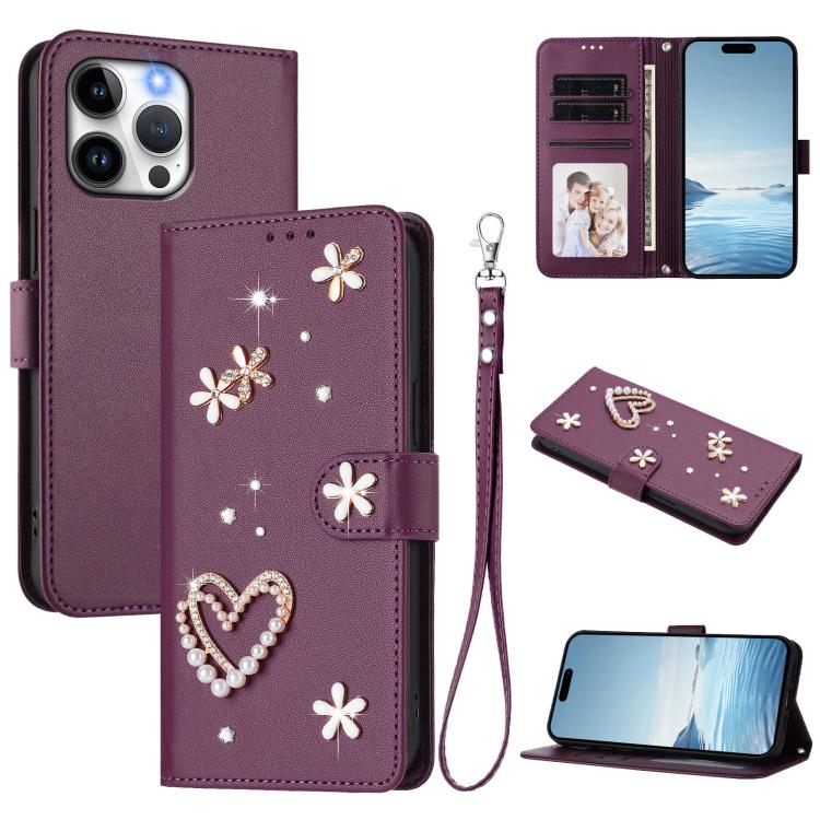 ZS01 Double-Layer Heart Floral Vegan Leather Phone Case with Wrist Strap, For iPhone 16 Pro, For iPhone 16 Plus, For iPhone 16, For iPhone 15 Pro Max, For iPhone 15 Pro, For iPhone 15 Plus