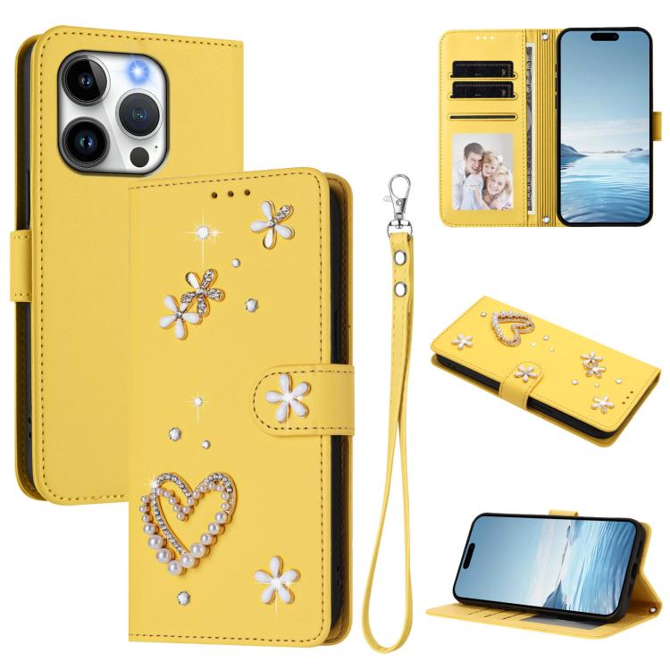 ZS01 Double-Layer Heart Floral Vegan Leather Phone Case with Wrist Strap, For iPhone 16 Pro, For iPhone 16 Plus, For iPhone 16, For iPhone 15 Pro Max, For iPhone 15 Pro, For iPhone 15 Plus
