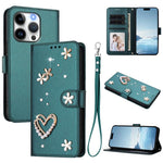 ZS01 Double-Layer Heart Floral Vegan Leather Phone Case with Wrist Strap, For iPhone 16 Pro, For iPhone 16 Plus, For iPhone 16, For iPhone 15 Pro Max, For iPhone 15 Pro, For iPhone 15 Plus