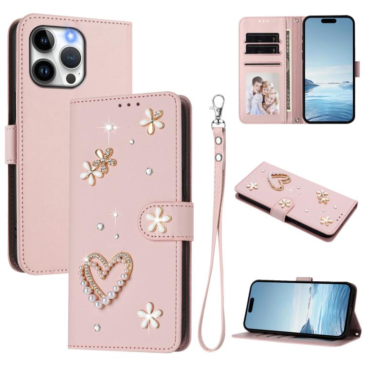 ZS01 Double-Layer Heart Floral Vegan Leather Phone Case with Wrist Strap, For iPhone 15, For iPhone 14 Plus, For iPhone 14 / 13, For iPhone 14 Pro, For iPhone 14 Pro Max, For iPhone 13 Pro Max