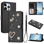 ZS01 Double-Layer Heart Floral Vegan Leather Phone Case with Wrist Strap, For iPhone 15, For iPhone 14 Plus, For iPhone 14 / 13, For iPhone 14 Pro, For iPhone 14 Pro Max, For iPhone 13 Pro Max