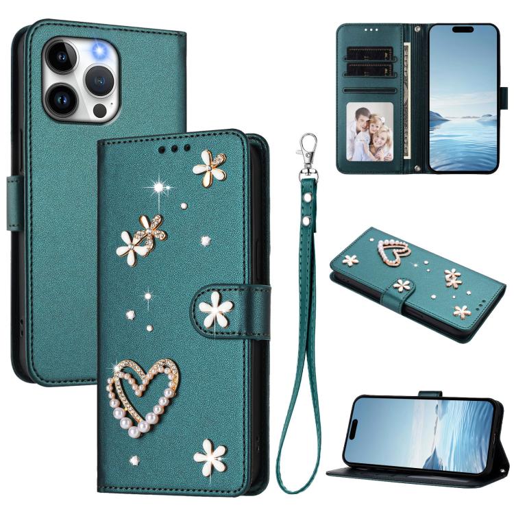ZS01 Double-Layer Heart Floral Vegan Leather Phone Case with Wrist Strap, For iPhone 15, For iPhone 14 Plus, For iPhone 14 / 13, For iPhone 14 Pro, For iPhone 14 Pro Max, For iPhone 13 Pro Max
