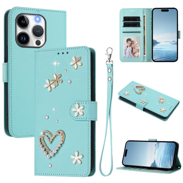 ZS01 Double-Layer Heart Floral Vegan Leather Phone Case with Wrist Strap, For iPhone 15, For iPhone 14 Plus, For iPhone 14 / 13, For iPhone 14 Pro, For iPhone 14 Pro Max, For iPhone 13 Pro Max