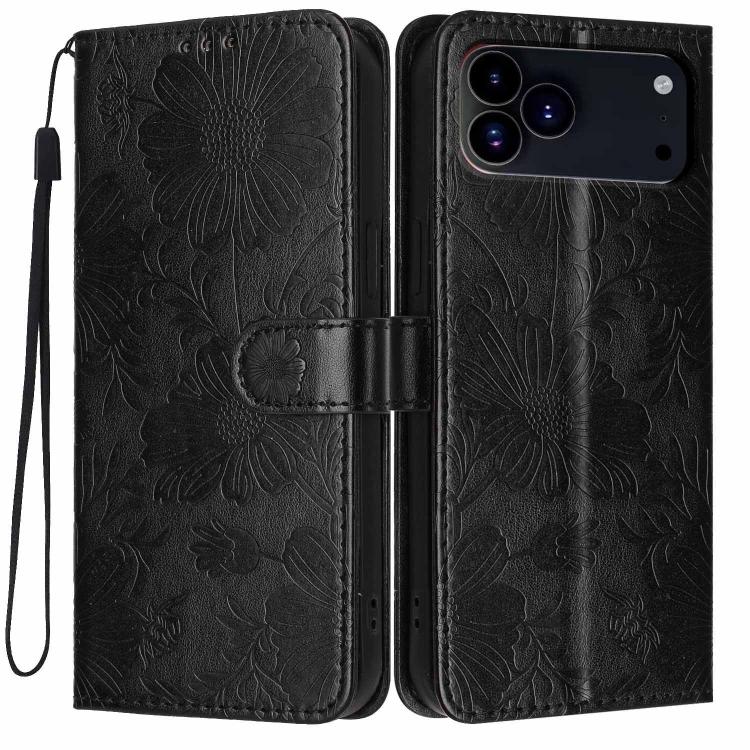 Sunflower Embossed Vegan Leather Phone Case with Small Black Rope, For iPhone 16e / 17e, For iPhone 17 Pro Max, For iPhone 17 Pro, For iPhone 17, For iPhone Air, For iPhone 16 Pro Max, For iPhone 16 Pro, For iPhone 16 Plus