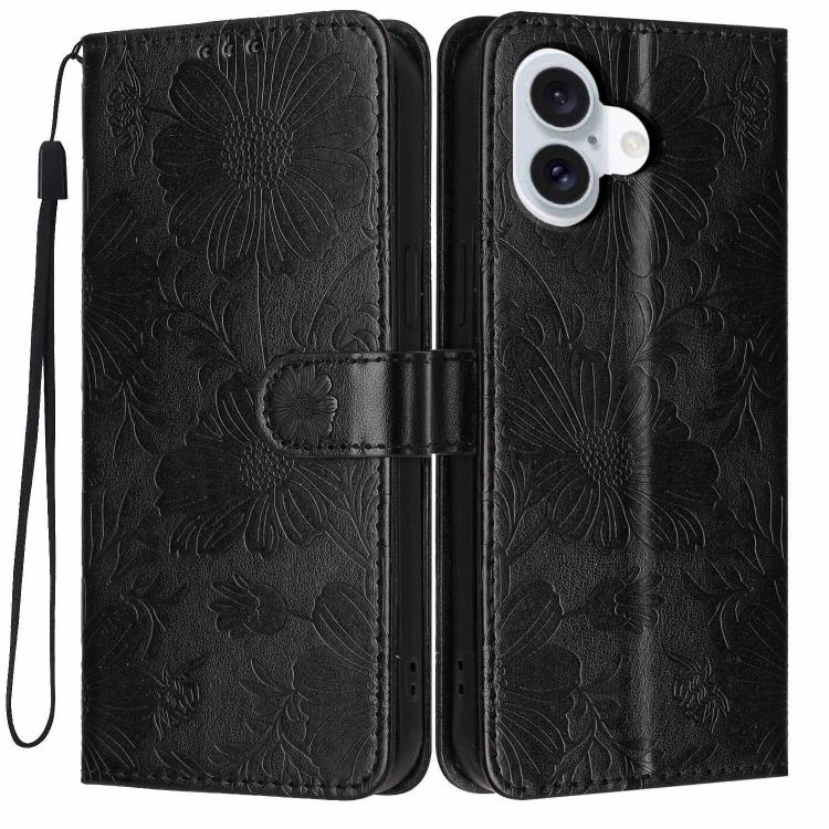 Sunflower Embossed Vegan Leather Phone Case with Small Black Rope, For iPhone 16e / 17e, For iPhone 17 Pro Max, For iPhone 17 Pro, For iPhone 17, For iPhone Air, For iPhone 16 Pro Max, For iPhone 16 Pro, For iPhone 16 Plus