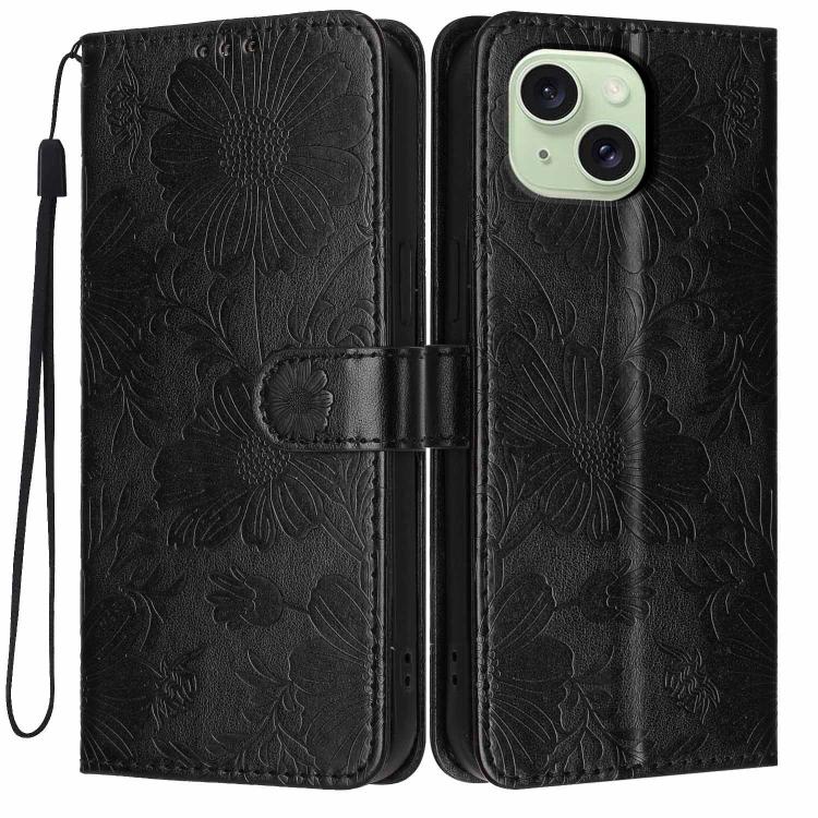 Sunflower Embossed Vegan Leather Phone Case with Small Black Rope, For iPhone 14, For iPhone 14 Pro, For iPhone 14 Pro Max, For iPhone 13 Pro Max, For iPhone 13 Pro, For iPhone 13, For iPhone 12 / 12 Pro, For iPhone 12 Pro Max