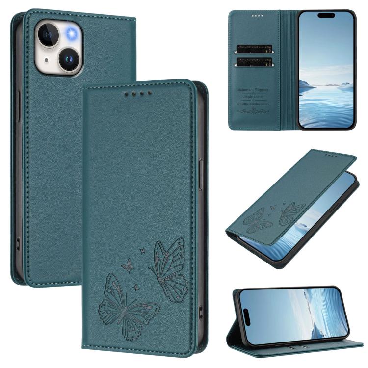Strong Magnetic Dual Butterfly RFID Vegan Leather Phone Case, For iPhone 15, For iPhone 14 Plus, For iPhone 14 / 13, For iPhone 14 Pro