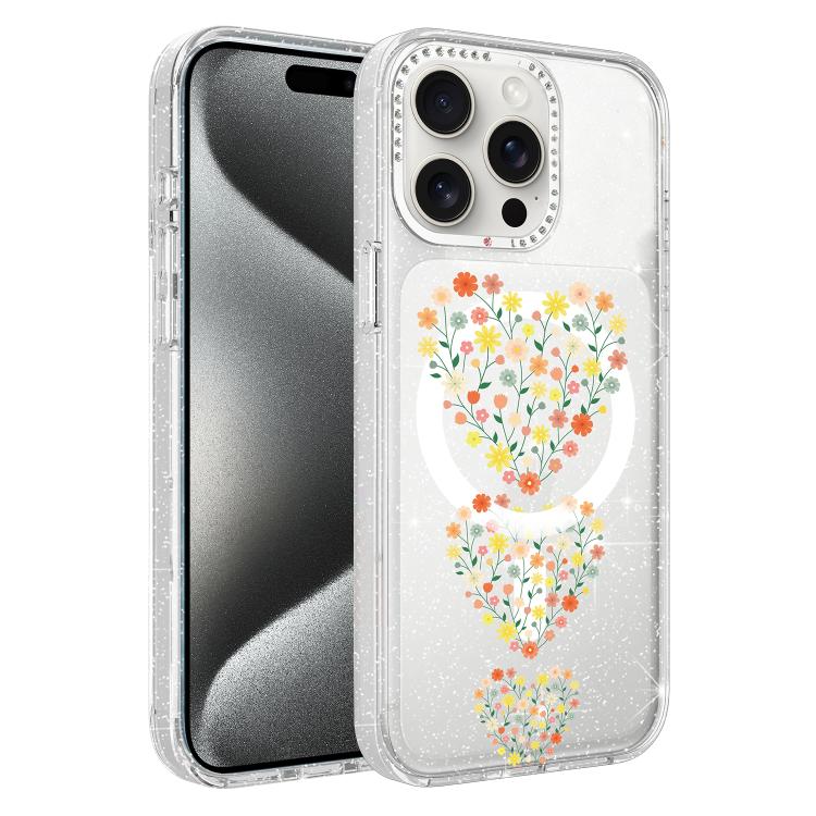 Flower Pattern IMD Glitter Magnetic Phone Case, For iPhone 15 Pro Max, For iPhone 15 Pro, For iPhone 15