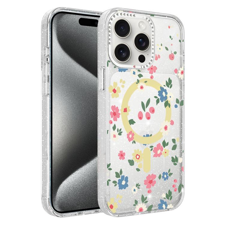 Flower Pattern IMD Glitter Magnetic Phone Case, For iPhone 15 Pro Max, For iPhone 15 Pro, For iPhone 15