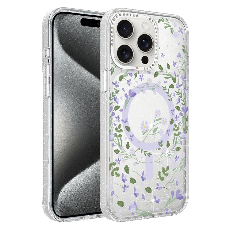 Flower Pattern IMD Glitter Magnetic Phone Case, For iPhone 15 Pro Max, For iPhone 15 Pro, For iPhone 15