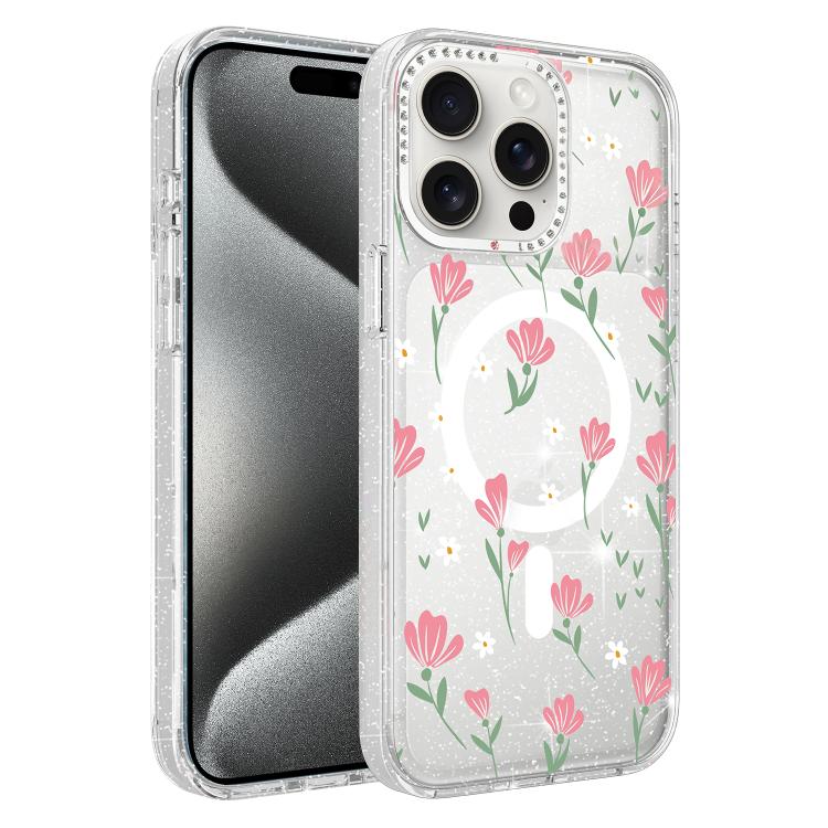 Flower Pattern IMD Glitter Magnetic Phone Case, For iPhone 15 Pro Max, For iPhone 15 Pro, For iPhone 15