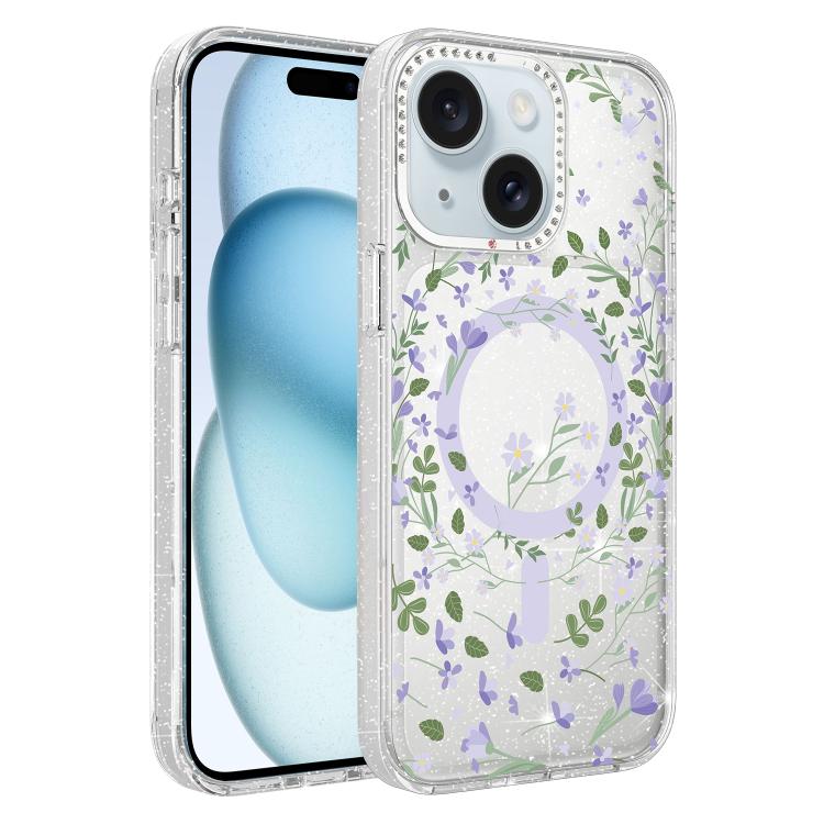 Flower Pattern IMD Glitter Magnetic Phone Case, For iPhone 15 Pro Max, For iPhone 15 Pro, For iPhone 15
