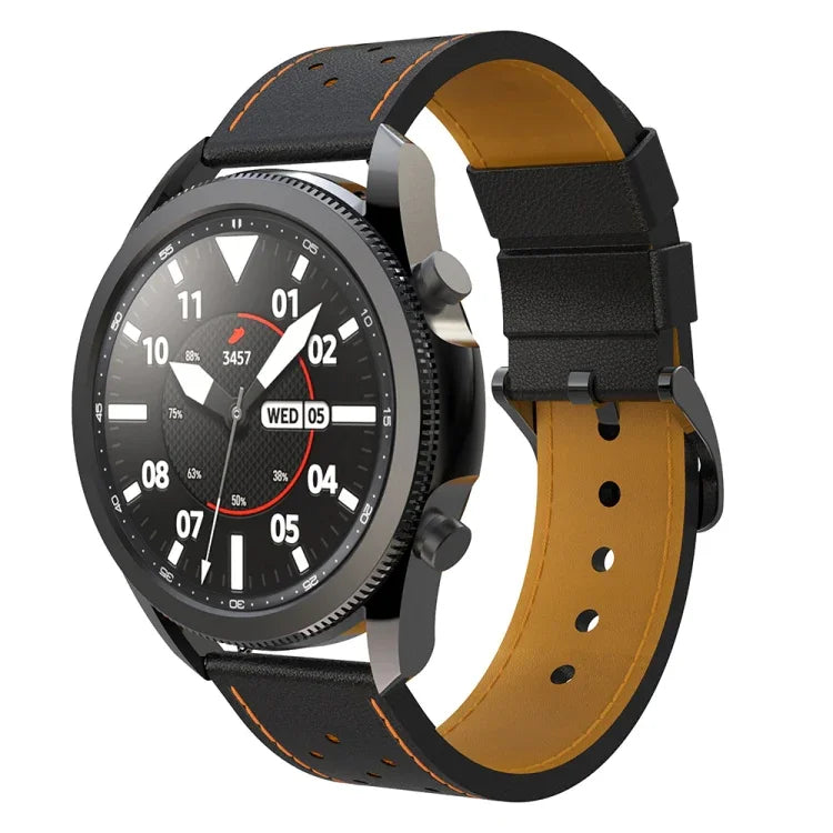 For Samsung Galaxy Watch 3 45mm Round Hole Line Genuine Leather Replacement Strap Watchband