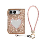 Glitter Heart Mirror Phone Case with Strap, For iPhone Duo