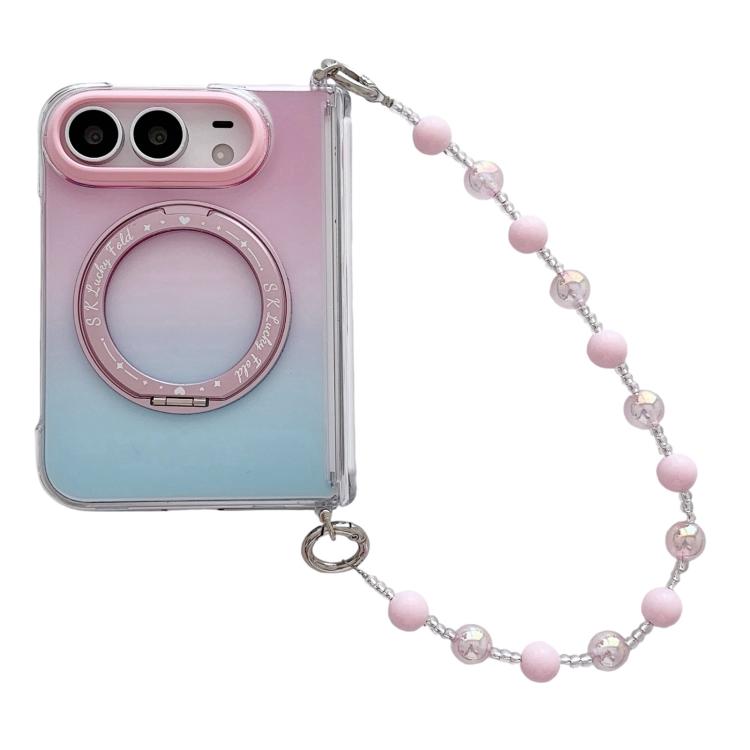 Gradient Side Buckle Hinge Rotating Holder Magnetic Phone Case with Beaded Strap, For iPhone Duo