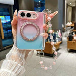Gradient Side Buckle Hinge Rotating Holder Magnetic Phone Case with Beaded Strap, For iPhone Duo