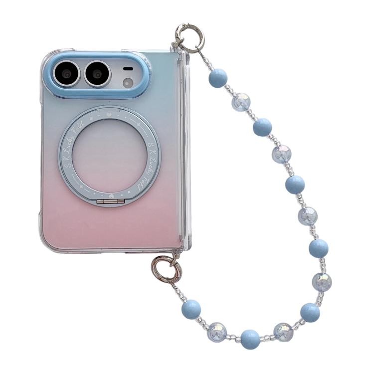 Gradient Side Buckle Hinge Rotating Holder Magnetic Phone Case with Beaded Strap, For iPhone Duo