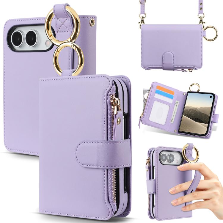 Crossbody Ring Multifunctional Wallet Fold Leather Phone Case, For iPhone Duo
