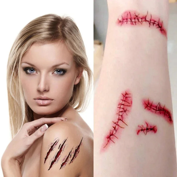 10pcs S-263 Halloween Terror Realistic Wound Injury Scar Temporary Tattoo Sticker, S-263/10pcs