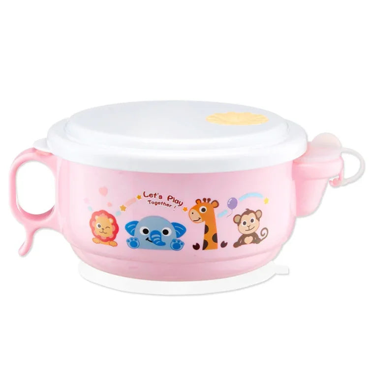 450ml Stainless Steel Interior And Plastic Exterior Double Layer Cartoon Style Bowl With Cover And Handles for Child At Age 2 to 9