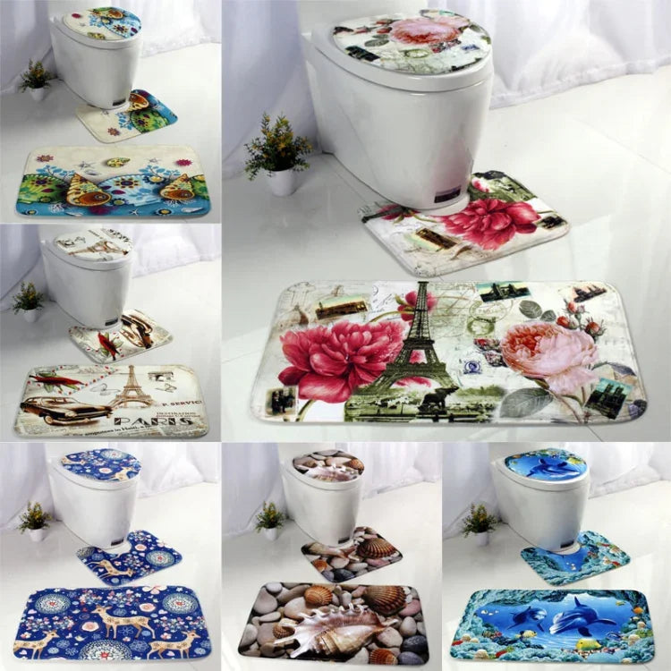 European and American Style Underwater World Printing Pattern Toilet Mat Three-piece Suit