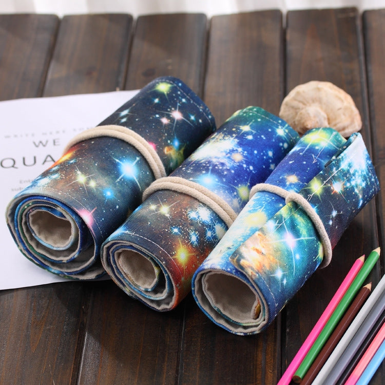 72 Slots Cosmic Galaxy Print Pen Bag Canvas Pencil Wrap Curtain Roll Up Pencil Case Stationery Pouch, 72 Slots
