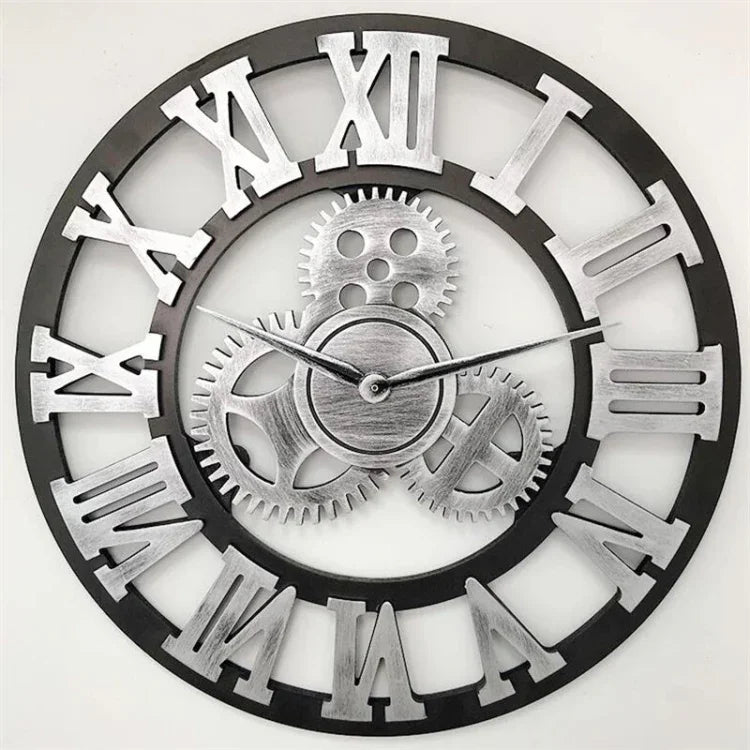 Retro Wooden Round Single-sided Gear Clock Rome Number Wall Clock, Diameter: 30cm, Rome Number 30cm