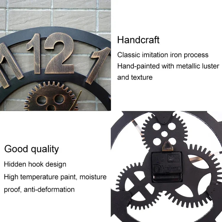 Retro Wooden Round Single-sided Gear Clock Rome Number Wall Clock, Diameter: 35cm, Rome Number 35cm, Rome Number  35cm