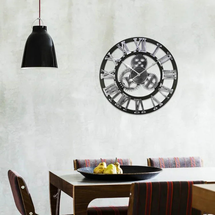 Retro Wooden Round Single-sided Gear Clock Rome Number Wall Clock, Diameter: 35cm, Rome Number 35cm, Rome Number  35cm