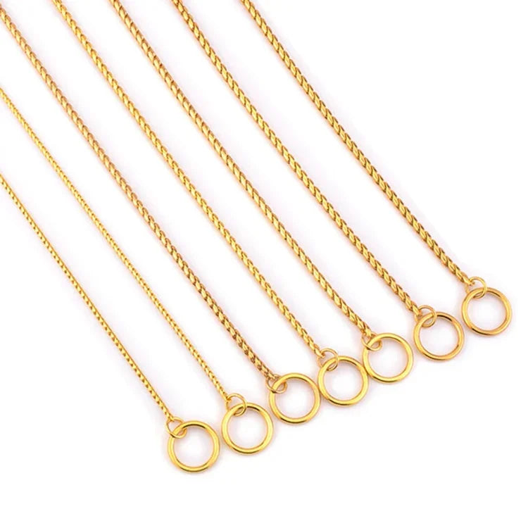 Metal dog collar chain showcasing six gold-tone chains with loops, designed for strength and style.