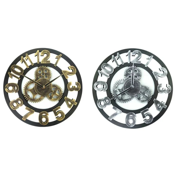 Retro Wooden Round Single-sided Gear Clock Arabic Number Wall Clock, Diameter: 30cm, Number 30cm