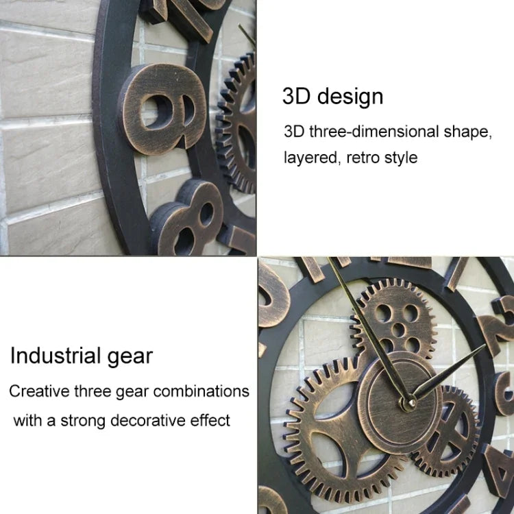 Retro Wooden Round Single-sided Gear Clock Arabic Number Wall Clock, Diameter: 30cm, Number 30cm