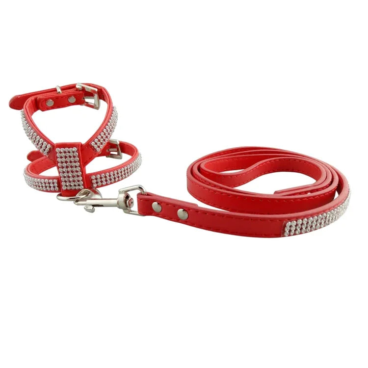 Rhinestone PU Soft Breathable Dog Harness Pet Vest Dog Chest Strap Leash Dog Collar, Size: M