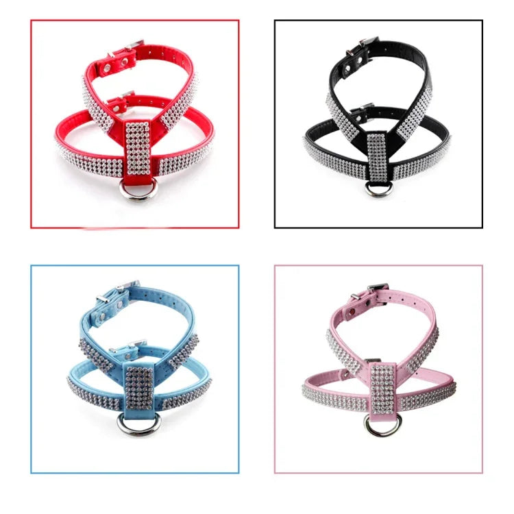 Rhinestone PU Soft Breathable Dog Harness Pet Vest Dog Chest Strap Leash Dog Collar, Size: M