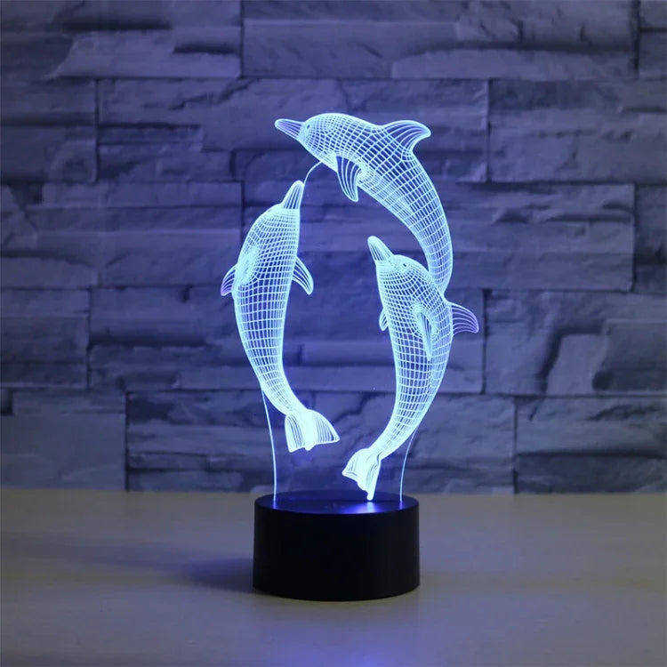 Three Dolphins Shape 3D Colorful LED Vision Light Table Lamp, USB Touch Version, USB Touch Version