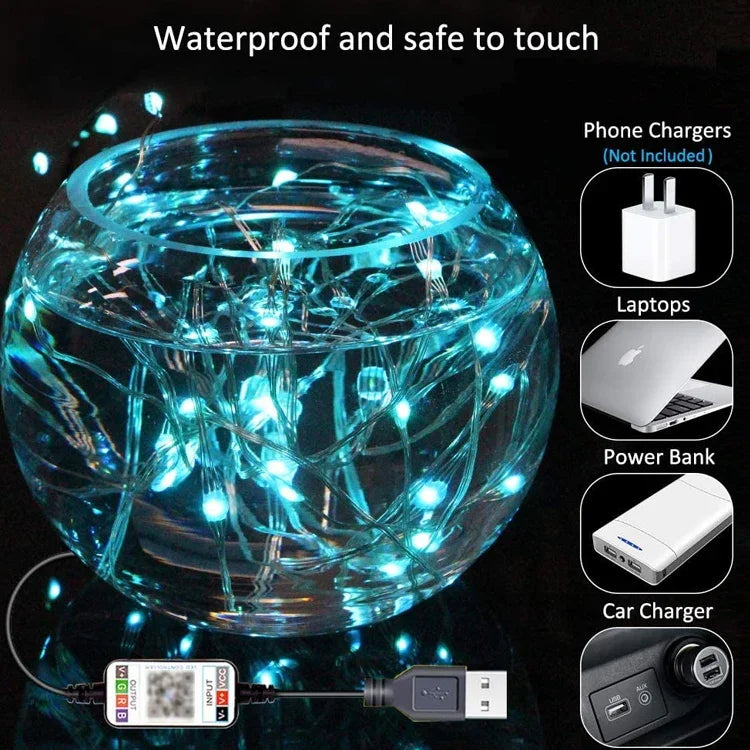 Christmas Decoration RGB Copper Wire String Light Bluetooth Mobile APP Control, Length: 10m 100 LEDs, 10m 100 LEDs